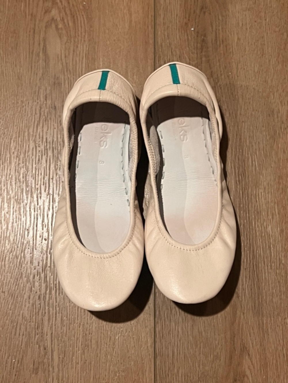 Tieks Cream Leather Ballet Flats with Teal Stripe